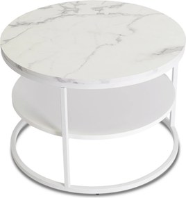 Stolik kawowy Best 70 cm, okrągły, z półką, do salonu, biały marmur/biały