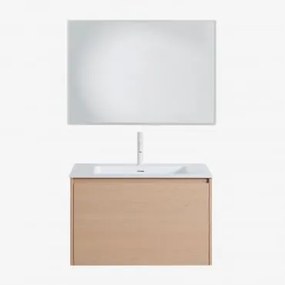 Zestaw Wiszących Mebli Łazienkowych 80x50 Cm Z Drewna Zintegrowany Z Umywalką Jacob Naturalna & Prostokątna Lampa Led - Sklum