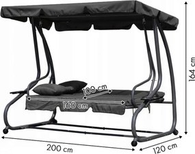 Huśtawka ogrodowa 3-osobowa z funkcją spania i daszkiem Valencia, szary