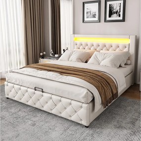 Łóżko ze schowkiem 160 x 200 cm - biały PU - z oświetleniem LED - stelaż z listew - bez materaca