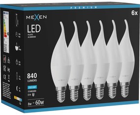 Mexen Nova 6x żarówka LED płomyk E14, C37, 8W, Zimna - 6500K, 840 lm - L106-E14-0865-01x06