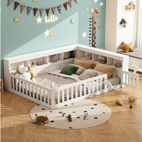 Łóżko dziecięce 2-osobowe - 140 x 190 cm - szafka nocna z miejscem do przechowywania + gniazdko + USB - z podstawą listwową - płyta wiórowa - białe