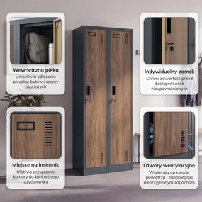 Szafka pracownicza dwukomorowa antracytowa, orzech, 600x1800x500 mm: KACPER II Eco Design