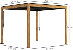 Outsunny Pawilon ogrodowy z żaluzjowym dachem, korbką, aluminium/drewno, 3x3m, Czarny/Naturalny
