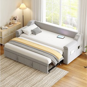 Sofa tapicerowana z funkcją spania - 90/180 x 190 cm - z podłokietnikami + Bluetooth + USB - ze schowkiem - tkanina aksamitna - jasnoszara