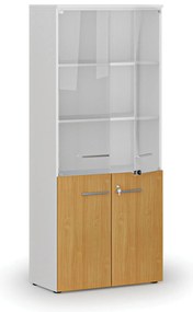 Szafa biurowa kombinowana PRIMO WHITE z drzwiami drewnianymi i szklanymi, 800 x 420 x 1781 mm, biały/buk