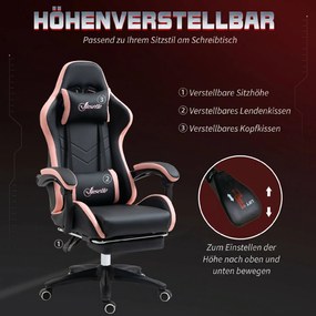 Vinsetto fotel biurowy, fotel gamingowy, 1 zagłówek, 1 poduszka lędźwiowa, Różowy + Czarny | Aosom PL