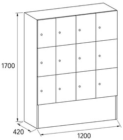 Drewniana szafka skrytkowa, 12 schowków, 1700 x 1200 x 420 mm, zamek cylindryczny, orzech