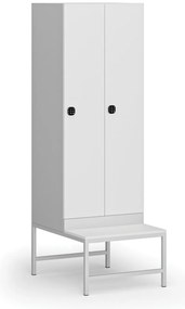 Szafka ubraniowa S1 z ławką, 2-drzwiowa, 1875 x 600 x 500/800 mm, zamek kodowy, drzwi laminowane, biała