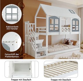 Łóżka piętrowe 2 x 90 x 200 cm z 3 szufladami i schodkami - drewno sosnowe + MDF - drewno sosnowe - białe (bez materaca)