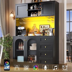 Kredens kuchenny w stylu rustykalnym - 120 x 40 x 188 cm - z 4 drzwiami + oświetlenie LED + półki + szuflady - płyta MDF - czarny