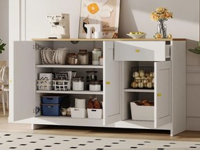 Nowoczesny kredens 120x40x75cm - z 3 drzwiami i 1 szufladą - blat z imitacją drewna - MDF + płyta wiórowa - Biały + Naturalny