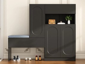 Wielofunkcyjna szafka na buty - z tapicerowanym siedziskiem - z 4 drzwiami i 1 szufladą - Czarna