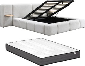 Łóżko ze skrzynią i szafkami nocnymi 160 x 200cm – Tkanina buklowa – Beżowy + Materac – VILACO