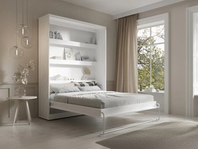 Łóżko chowane w szafie 160 × 200 cm – Otwieranie pionowe manualne – Oświetlenie LED – Białe + Materac – RAPILI