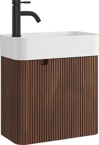 Wisząca szafka pod umywalkę z prążkowanego drewna jesionowego z umywalką podblatową i baterią - Ciemny naturalny - 45 x 25 x 48 cm - JONSA