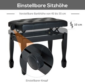 HOMCOM Stołek do Fortepianu Czarny Regulowana Wysokość Lite Drewno Sztuczna Skóra 64x35x45-55cm | Aosom PL