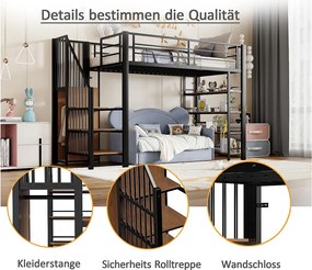 Łóżko piętrowe dla dzieci - 90 x 200 - ze schodami + schowkiem + półkami - MDF + metal - czarne