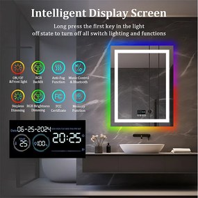 Lustro łazienkowe 90x70cm RGB i LED regulowane + przeciwmgielne + Bluetooth 5.2 + Zegar + 3 kolory 4 przyciski