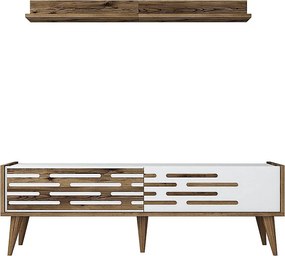 Stojak pod TV z półką ścienną – 140 x 35 x 45 cm – Orzech i biel – Melamina