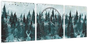 Obraz - Zwierzęta w lesie (z zegarem) (90x30 cm)