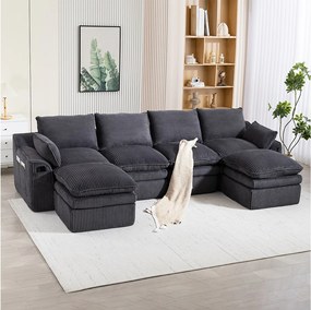 Modułowy zestaw wypoczynkowy z 4-osobową sofą z kordu - 335 x 167 x 85 cm - z 2 pufami + poduszkami + 2 kieszeniami - ciemnoszary