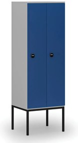 Drewniana szafa ubraniowa z podstawą, 2-drzwiowa, 1871 x 600 x 500 mm, demontaż, zamek RFID, szary/niebieski