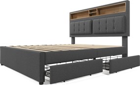 Łóżko dla dorosłych 140x200 cm - z zagłówkiem i schowkiem, 4 szuflady, USB/Typ-C - lniane - szare - materac w cenie