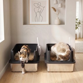 PawHut Zestaw 2 kuwet XL ze stali nierdzewnej z wysokim brzegiem i pokrywą 60x40x30cm półotwarta z 2 łopatkami, dla dużych kotów do 8 kg | Aosom PL