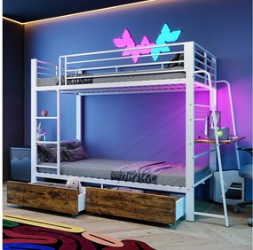 Łóżko piętrowe 90x200 cm białe metalowe, biurko wbudowane, szuflady magazynowe, oświetlenie LED, bez materaca