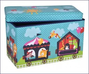 Niebieska składana pufa dziecięca ze schowkiem pociąg M8-P44