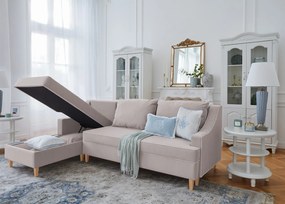 Narożnik rozkładany do salonu Notting Hill, z pojemnikami na pościel. Tkanina Matt Velvet odporna na wchłanianie płynów, kolor beżowy, błękitny, z kedrą.