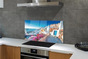 Szkło do Kuchni na Ścianę Biała Architektura i Kwiaty Grecji