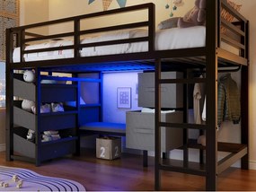 Łóżko na antresoli 90x200cm - z 2 szufladami - z materiałowymi kieszeniami do przechowywania - z oświetleniem LED - czarny​ (materac nie jest wliczony w cenę)