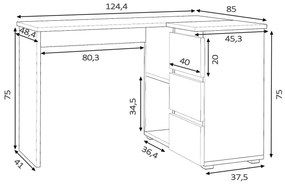 Białe narożne biurko z szufladami i półkami Cortina 7W 40x12x4