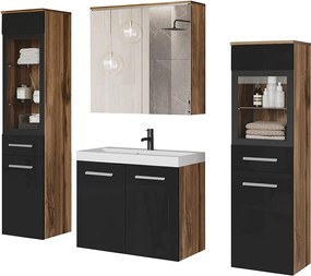 Meble łazienkowe z LED, zestaw wiszący do łazienki z umywalką, 2 słupkami i szafką lustrzaną, korpus dąb wotan, fronty czarny połysk