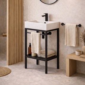 Zestaw umywalka z konglomeratu NAVI 100 x 45 cm + stojąca konsola NAVI Step | Różne kolory | Różne rozmiary : Kolor - Czarny, Otwory na baterię - Bez otworów, Rozmiar - 60 x 45 cm