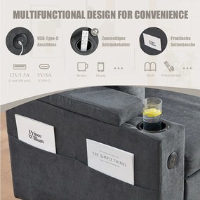 Sofa rozkładana 3-osobowa - 212,5 x 136 x 86 cm - z uchwytem na kubek + portem USB + schowkiem - rozkładana sofa - len - ciemnoszary