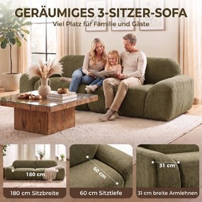 HOMCOM Sofa 3-osobowa, zaokrąglona i bezramowa, z przestronnym siedziskiem, grubo tapicerowana, bez montażu, Ciemnozielony | Aosom PL