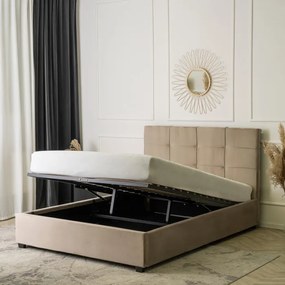 Łóżko Tapicerowane 160x200 cm ze Stelażem i Pojemnikiem Dwuosobowe TINGA Welurowe Beżowe Sypialniane