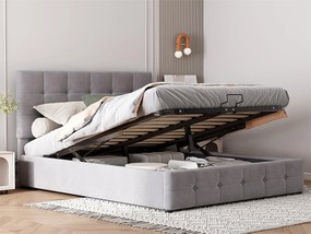 Łóżko z tapicerowanym stelażem - 140x200cm - materiał welurowy - regulowane wezgłowie w wzór blokowy - Szary