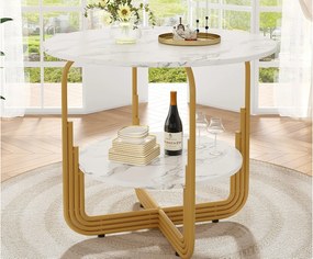 Okrągły stół jadalniany - Metalowa rama - Okleina o wzorze marmuru - Dla 4 osób - z półką do przechowywania - Biały i Złoty