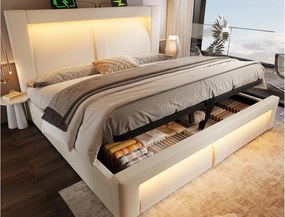 Łóżko tapicerowane ze schowkiem 160x200cm - z oświetleniem LED - z portami USB i Type-C - welur - Beżowy​ (bez materaca)