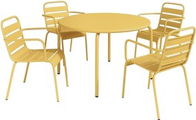 Zestaw mebli jadalnianych ogrodowych z metalu - stół o śr. 110 cm i 4 sztaplowane fotele - Żółty musztardowy - MIRMANDE marki MYLIA