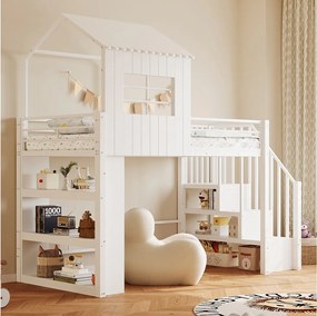 Metalowe łóżko piętrowe dla dzieci - 90 x 200 cm - styl domowy - z półką i drabinką - płyta MDF i metal - białe