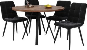 Zestaw okrągły stół + 4 krzesła z czarnego aksamitu bez podłokietników - D 80 x W 75 cm - Drewno MDF - Kolor orzecha