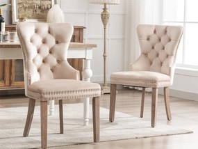 Zestaw 2 aksamitnych krzeseł - nogi z litego drewna - beż