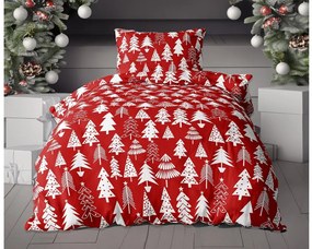 PrzytulneMieszkanie.pl PrzytulneMieszkanie.pl PrzytulneMieszkanie.pl Pościel flanelowa CHRISTMAS TREES czerwona + prześcieradło z mikropluszu SOFT 90x200 cm białe