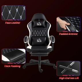 HOMCOM Fotel Gamingowy z Podnóżkiem, Fotel komputerowy z Poduszką i Książeczką, Skórzany Pokrowiec, Obrotowy, Wysokość Regulowana, Metal, Plastik, Czarny+Biały
