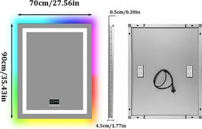 Lustro łazienkowe 90x70cm RGB i LED regulowane + przeciwmgielne + Bluetooth 5.2 + Zegar + 3 kolory 4 przyciski